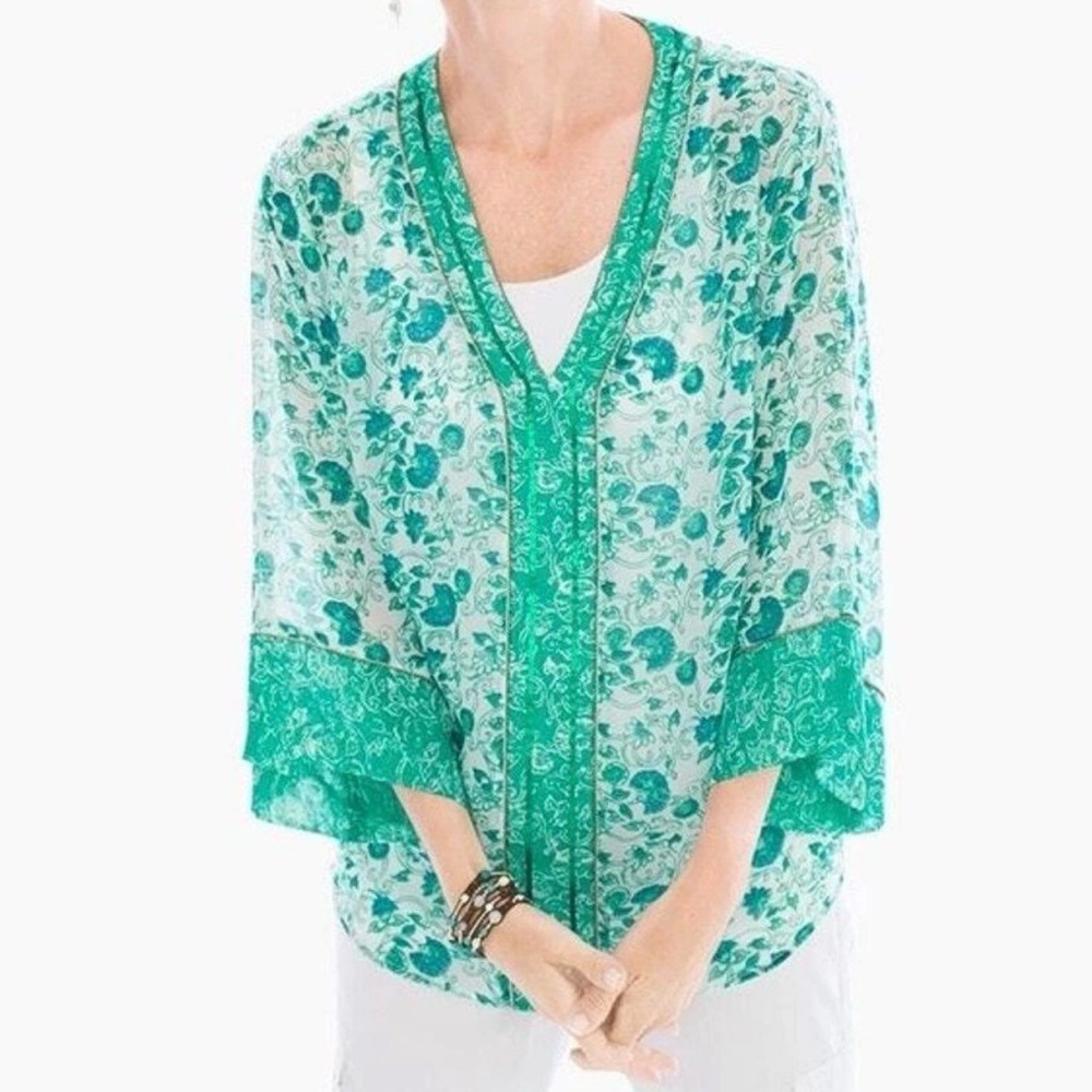 CHICO’S Size 1 Congo Floral Tunic Pullover Semi Sheer Top Green/ White Beaded